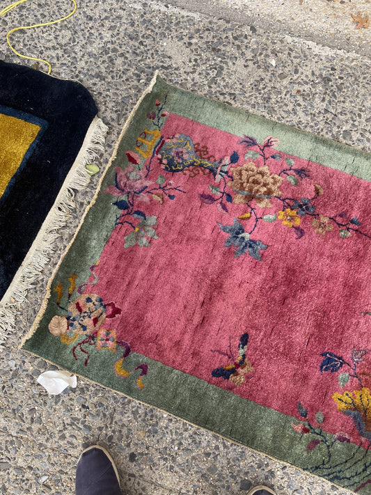 Antique small Chinese Art Deco hand-knotted wool rug measuring 3.1 by 5.2 feet