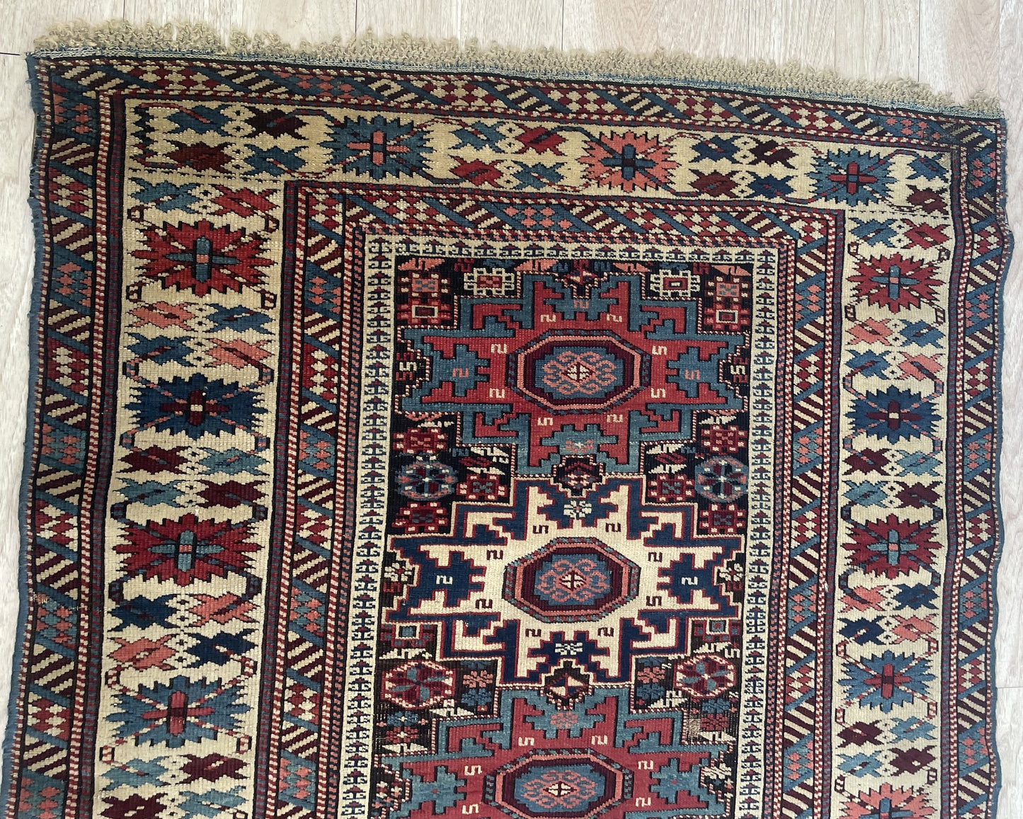 Antique Caucasian Lezgi rug texture and firm hand-spun wool pile detail with beautiful patination