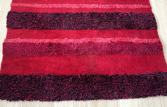 Mid-century Scandinavian textile art rug with deep texture in shades of brown espresso chocolate and tan on floor