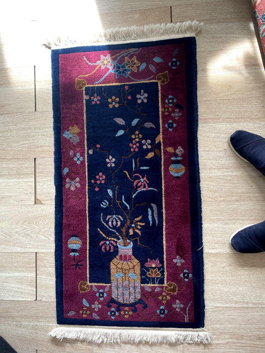 Corner detail showing bold modernistic color palette and thick Chinese weave construction