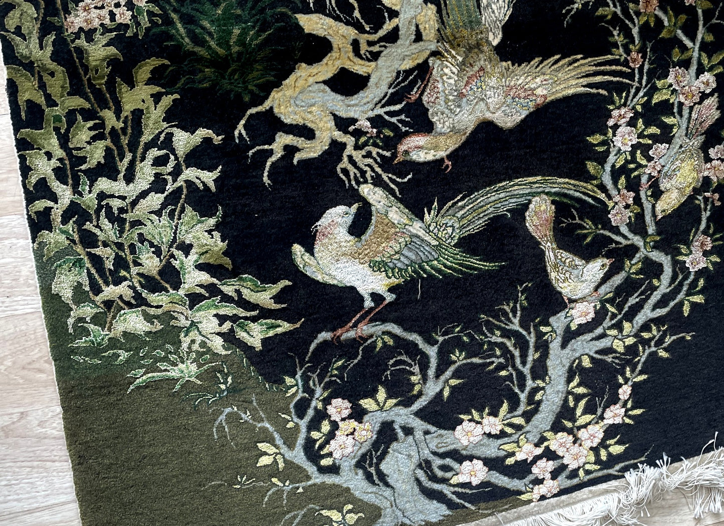 Persian Tabriz silk rug texture and lustrous pile detail with soft sheen and very high knot density