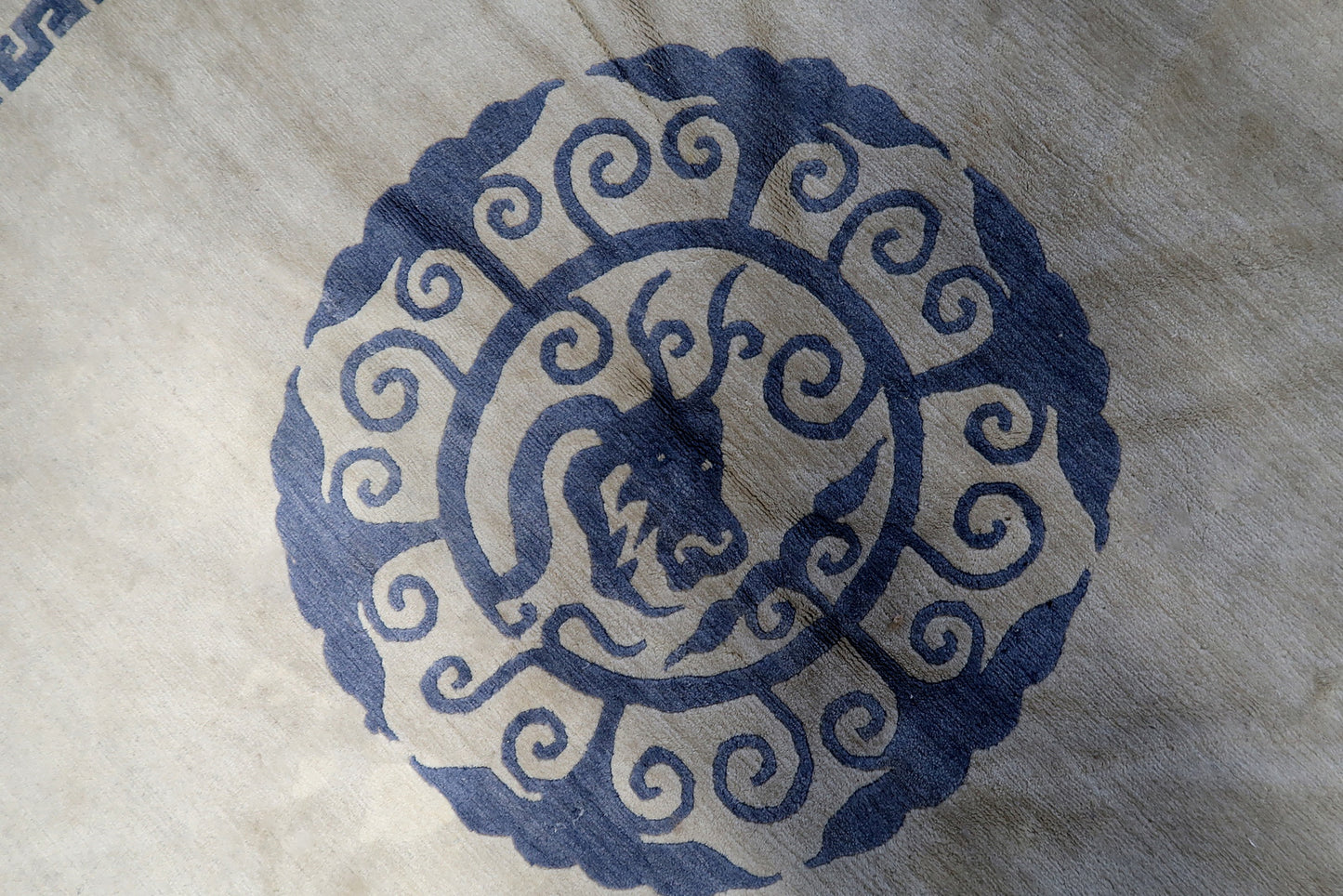 Vintage charm and cultural heritage depicted in the detailed picture of the handmade vintage Tibetan Khaden rug