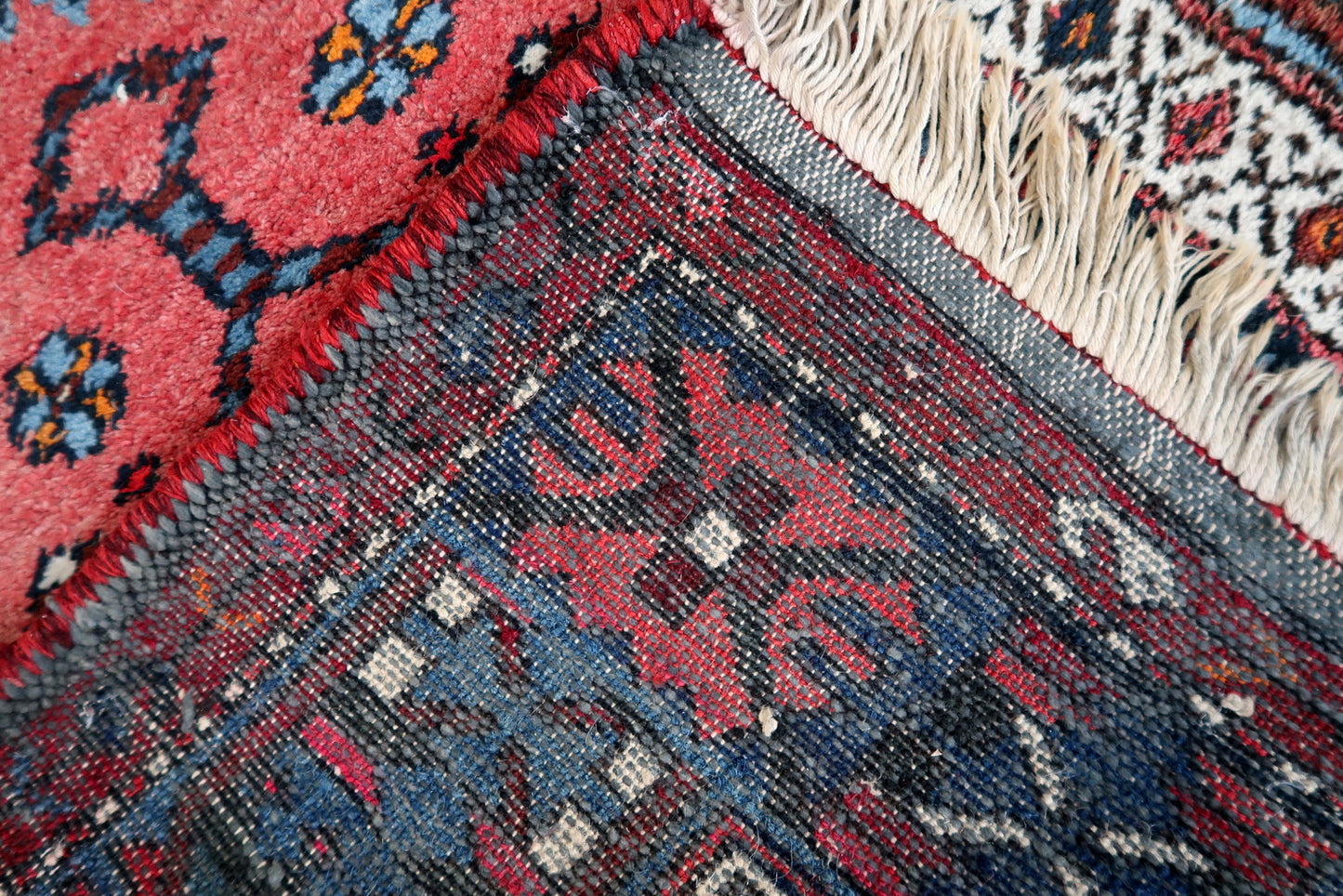 Reverse side of the Handmade Antique Persian Style Hamadan Runner Rug.