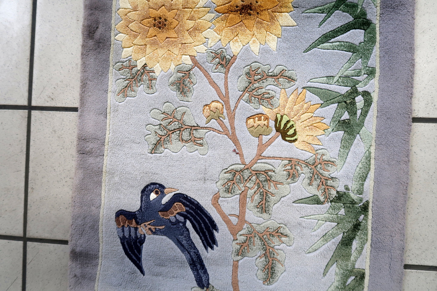 Intricate Floral and Animal Motifs on Handmade Vintage Chinese Art Deco Silk Rug - 1970s