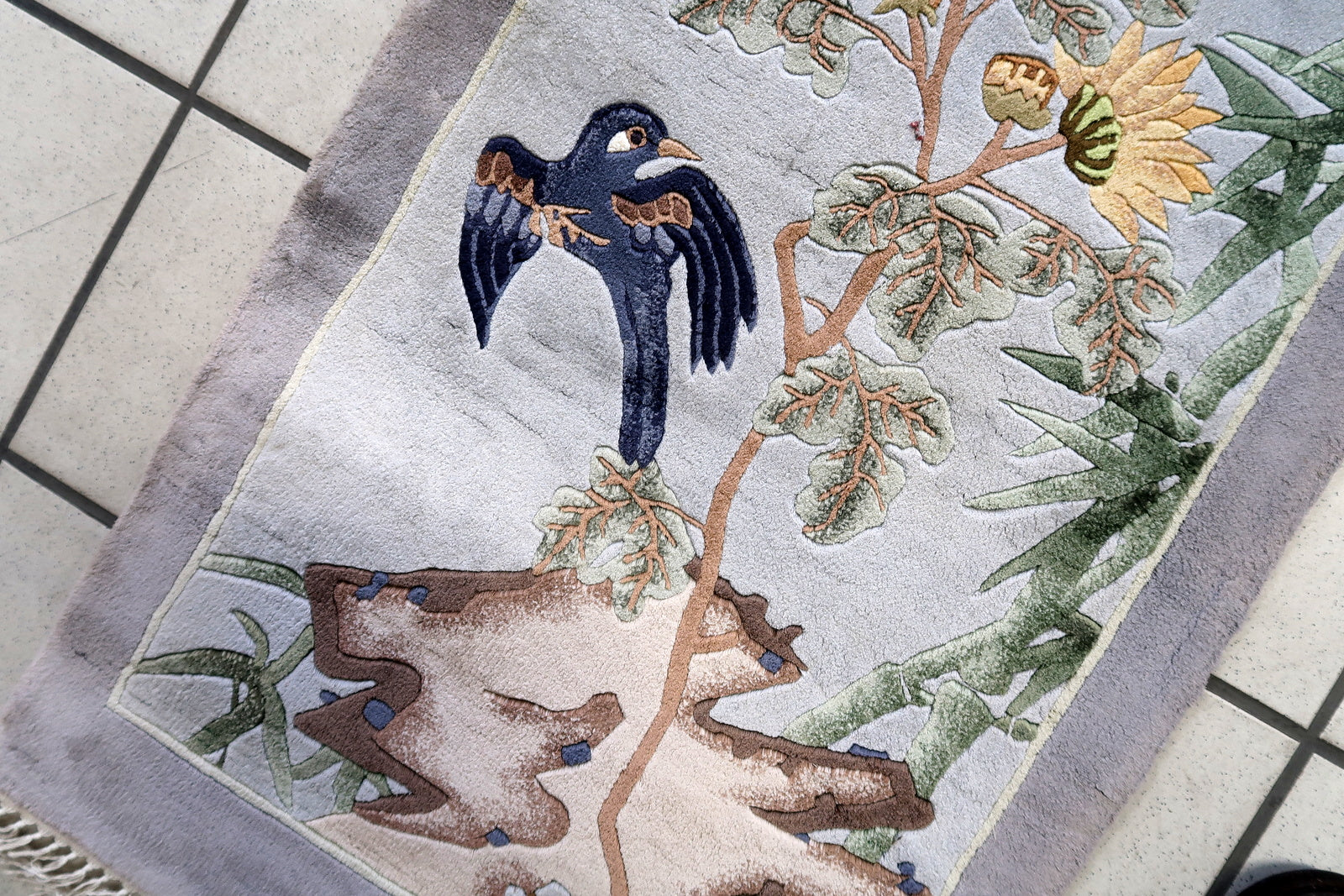 Two Yellow Flowers Adorning Top Part of Vintage Chinese Art Deco Silk Rug - 1970s