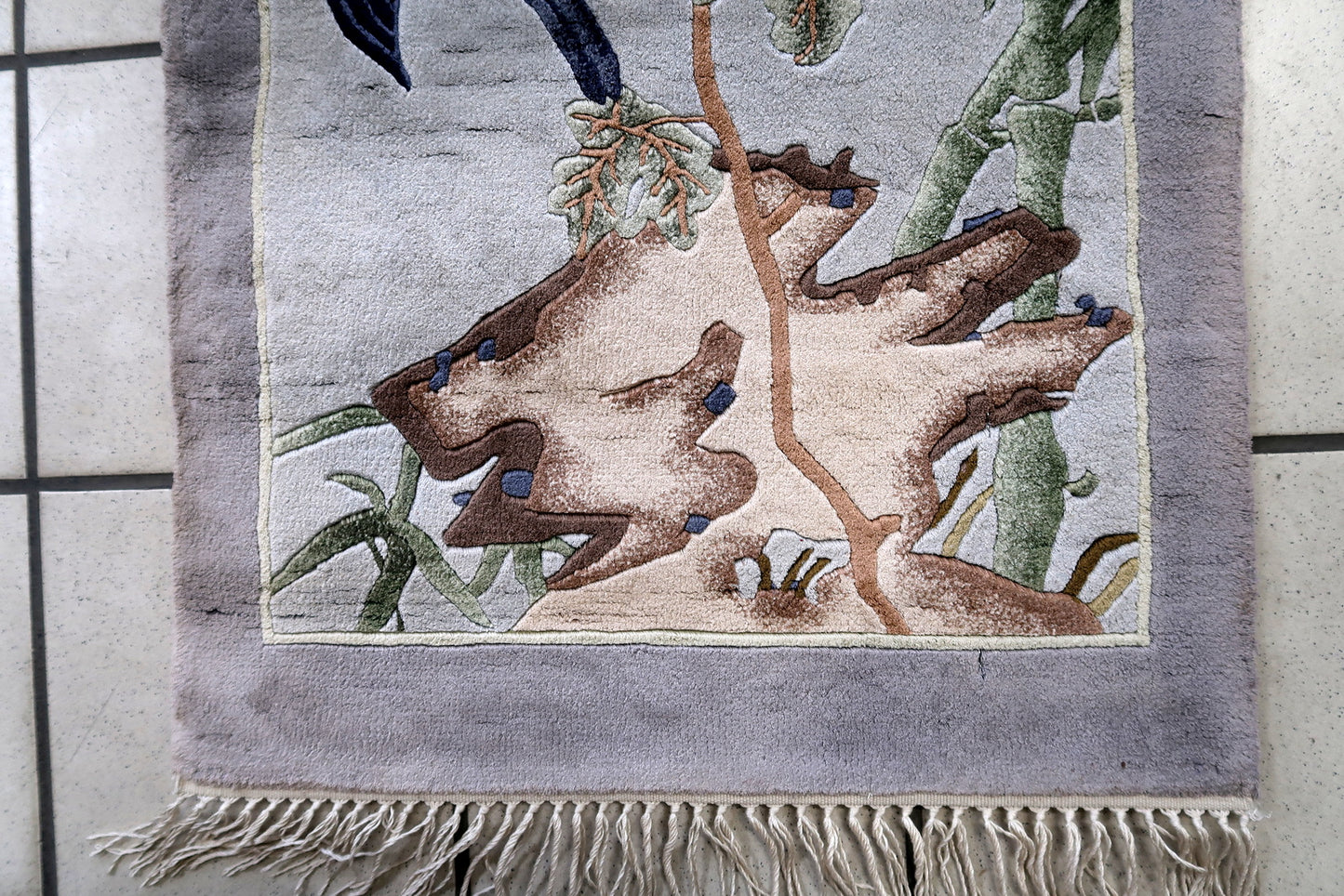 Dark Blue Bird with Detailed Feather Designs on Vintage Chinese Art Deco Silk Rug - 1970s