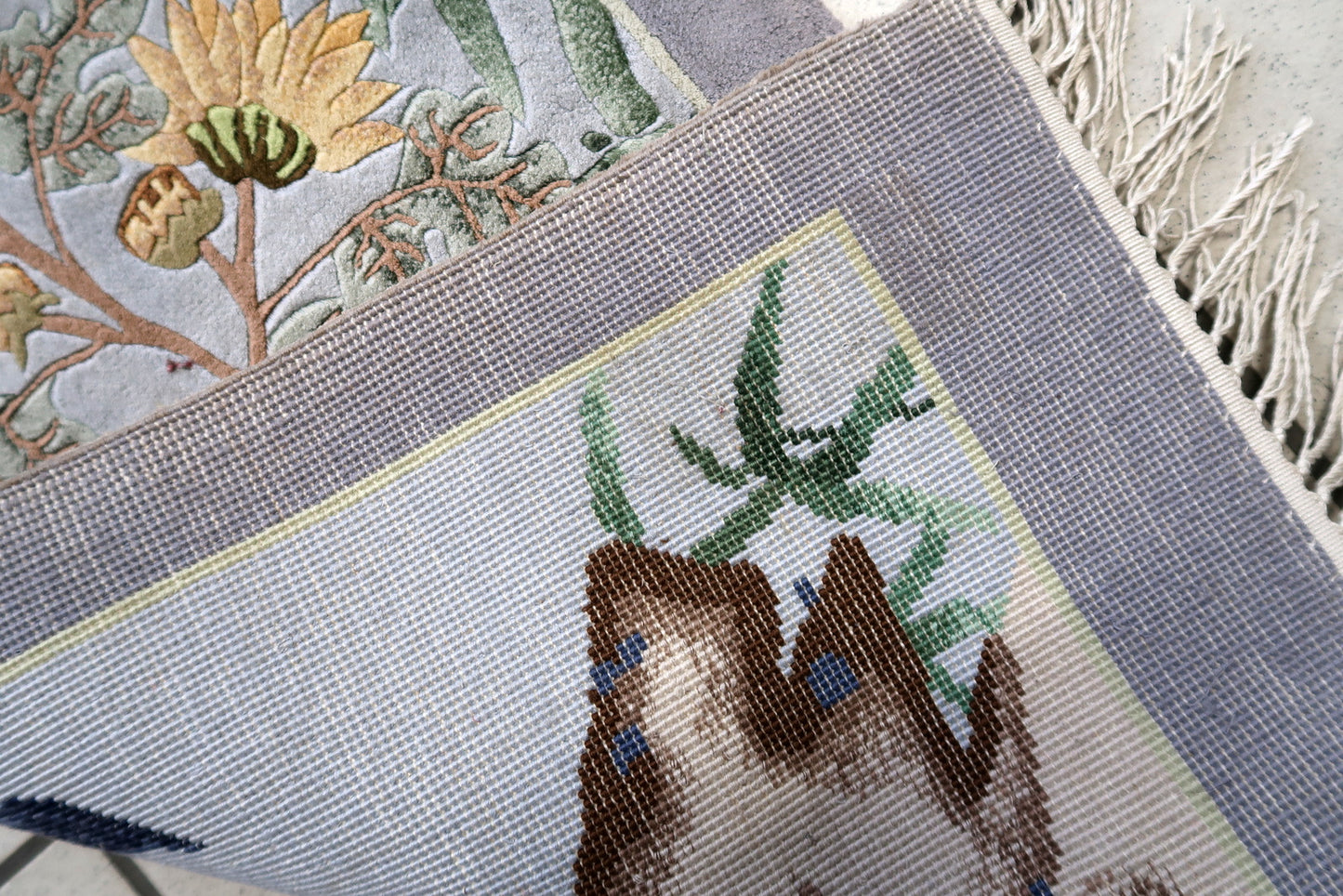 Back Side of Handmade Vintage Chinese Art Deco Silk Rug - 1970s