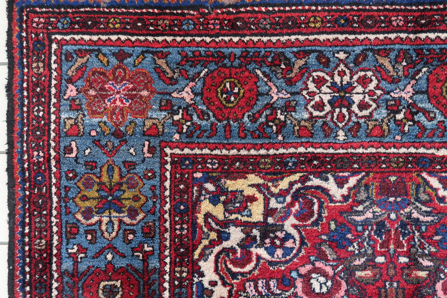 Close-up of geometric designs on Handmade Vintage Persian Malayer Rug - Detailed view showcasing the intricate geometric patterns.