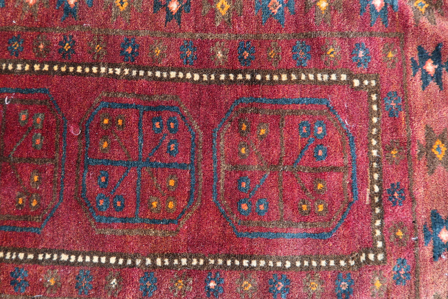 Detailed border patterns on a 1950s Baluch tribal rug