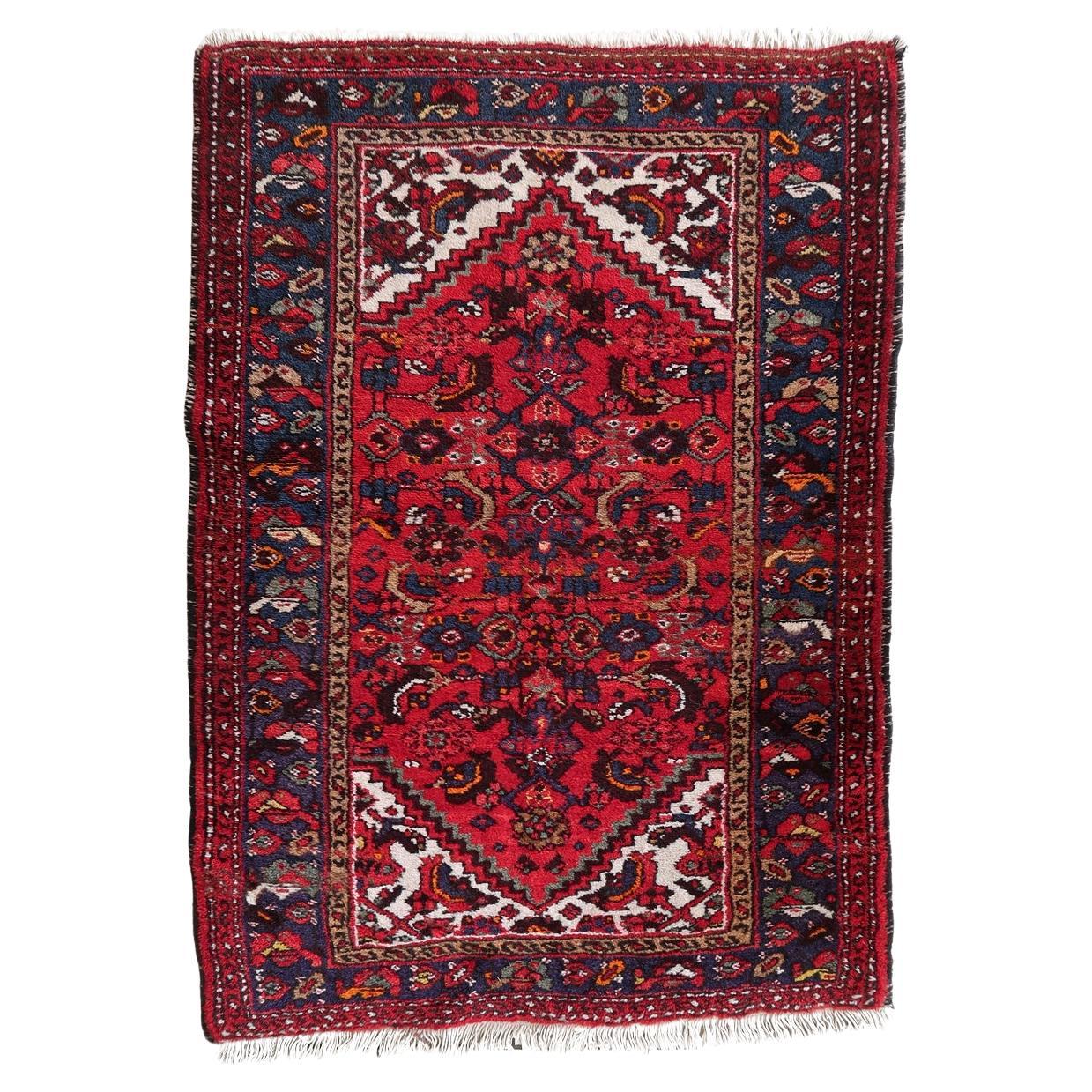 Handmade Vintage Persian Hamadan Rug - 1970s Authentic Wool Carpet