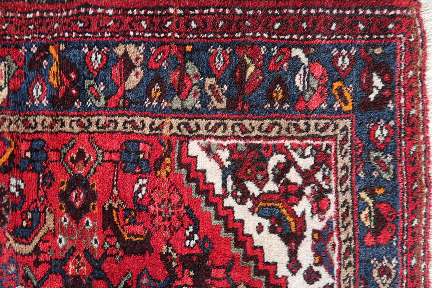 Fringed edges on vintage Persian Hamadan rug - 1970s