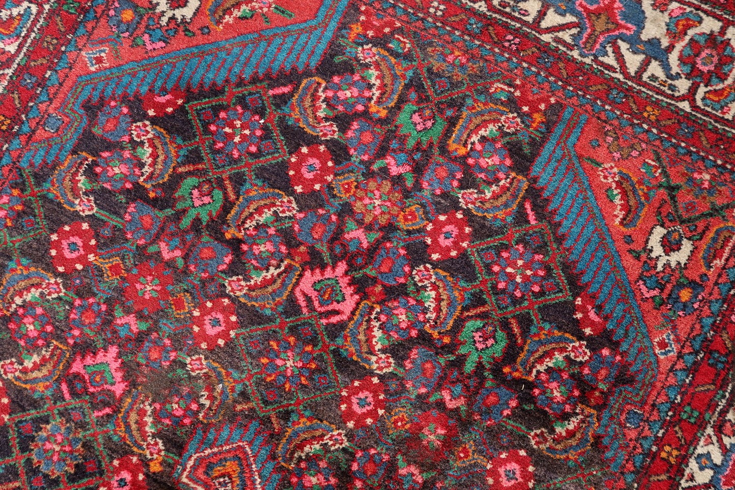 1960s Persian Malayer rug with vibrant red and navy blue tones