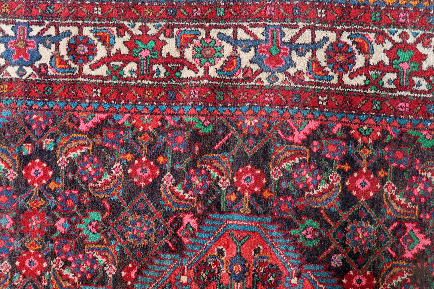 Fringed edges on vintage Persian Malayer rug - 1960s