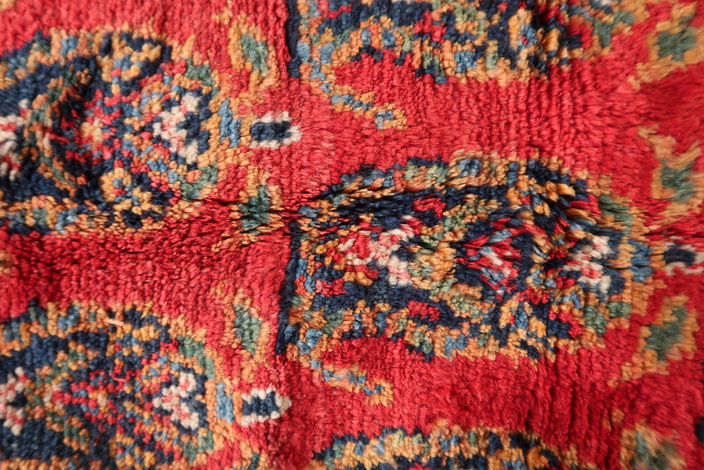 View of the rug's corner showing the border pattern and field design meeting.