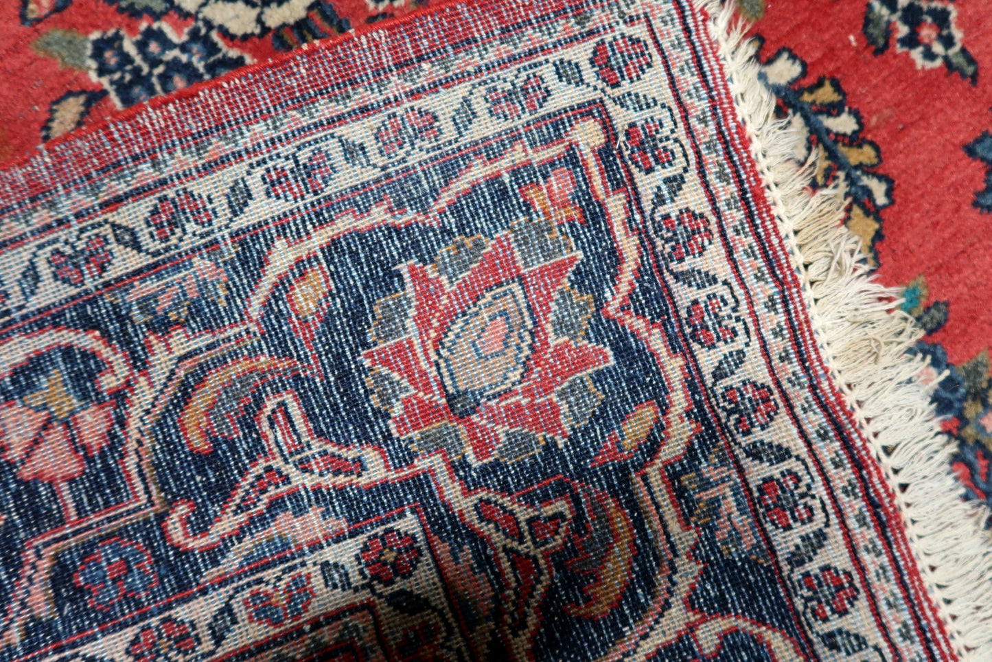 Antique 1920s Persian Kashan prayer rug Mihrab arch floral vase red navy.