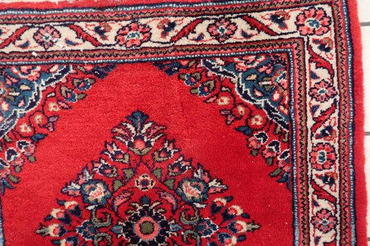 Vintage Persian Hamadan rug full view, rare square format with central medallion