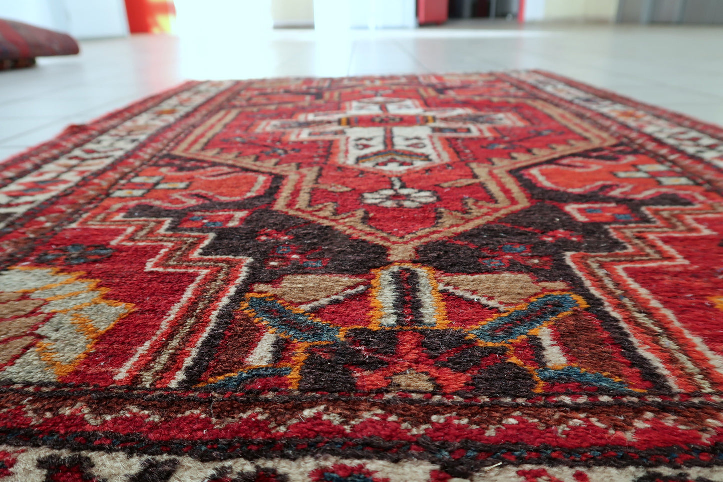 Vintage Hamadan rug back view, showing hand-knotted structure and weave