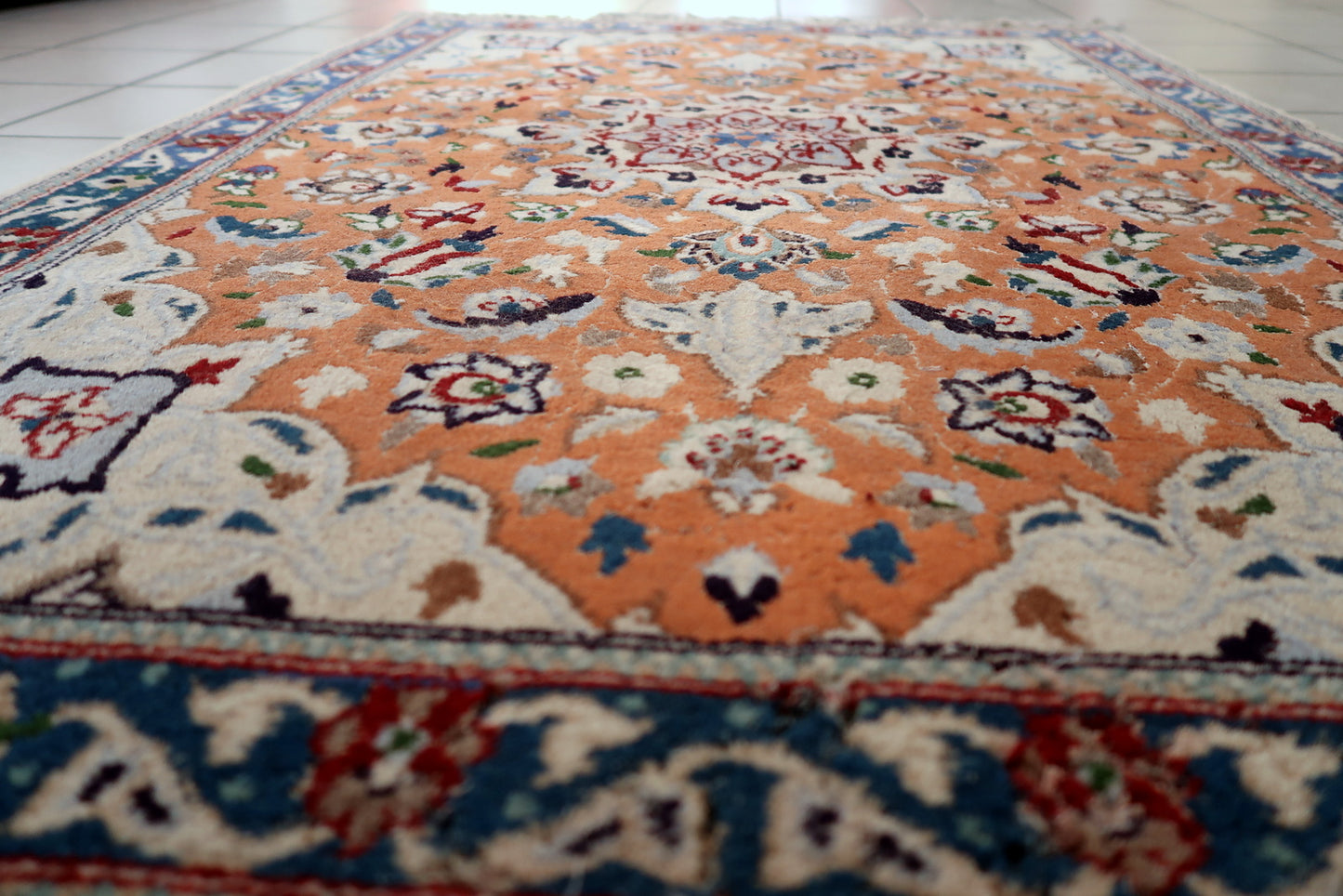 Vintage Persian Tabriz rug back view, showing fine weave and structure