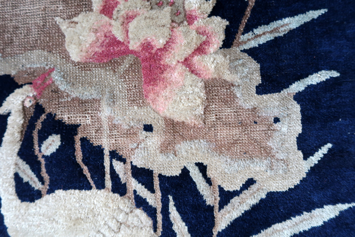 Chinese Peking rug fringe detail, handmade wool with signs of age