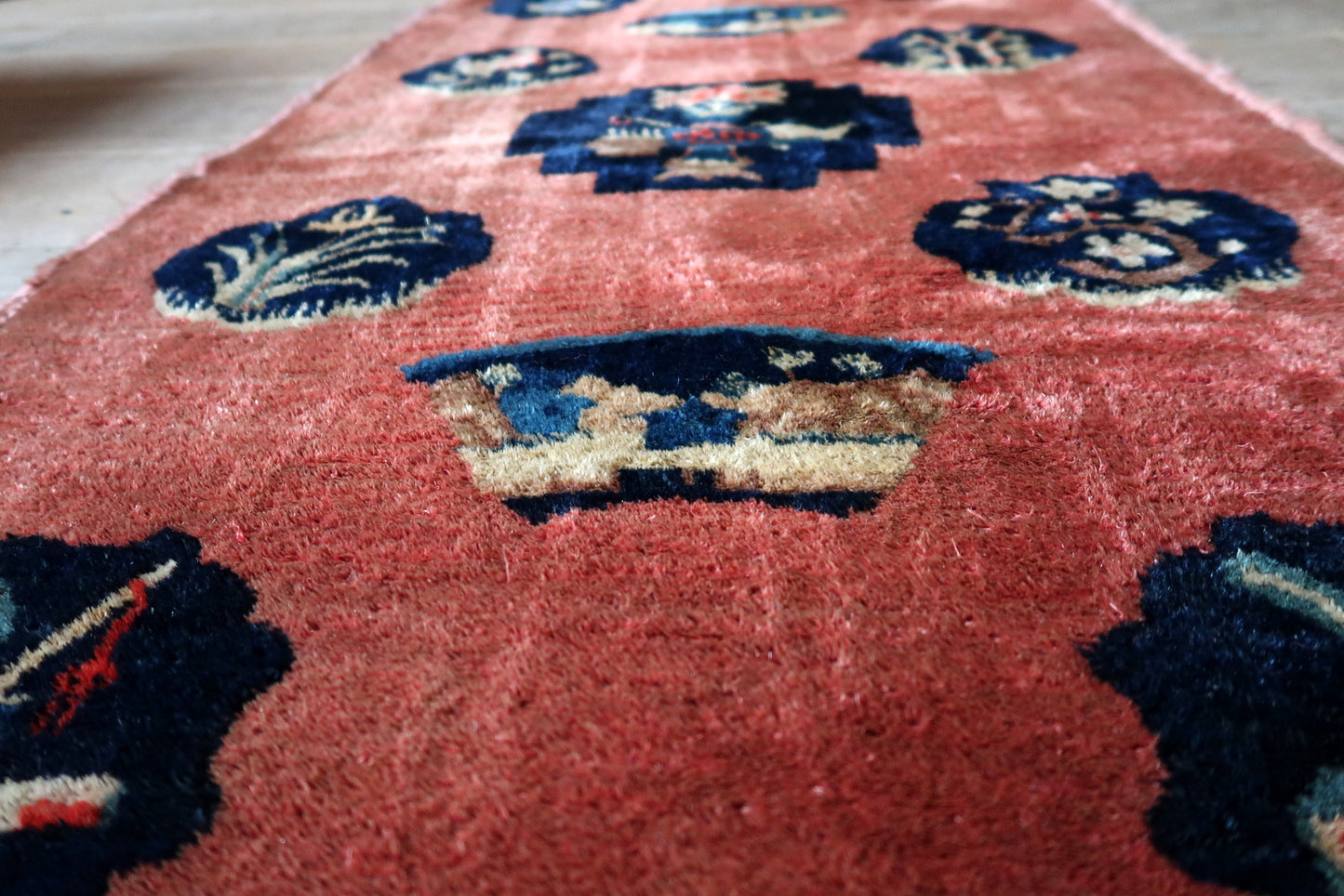 Antique Chinese rug back view, showing hand-knotted construction