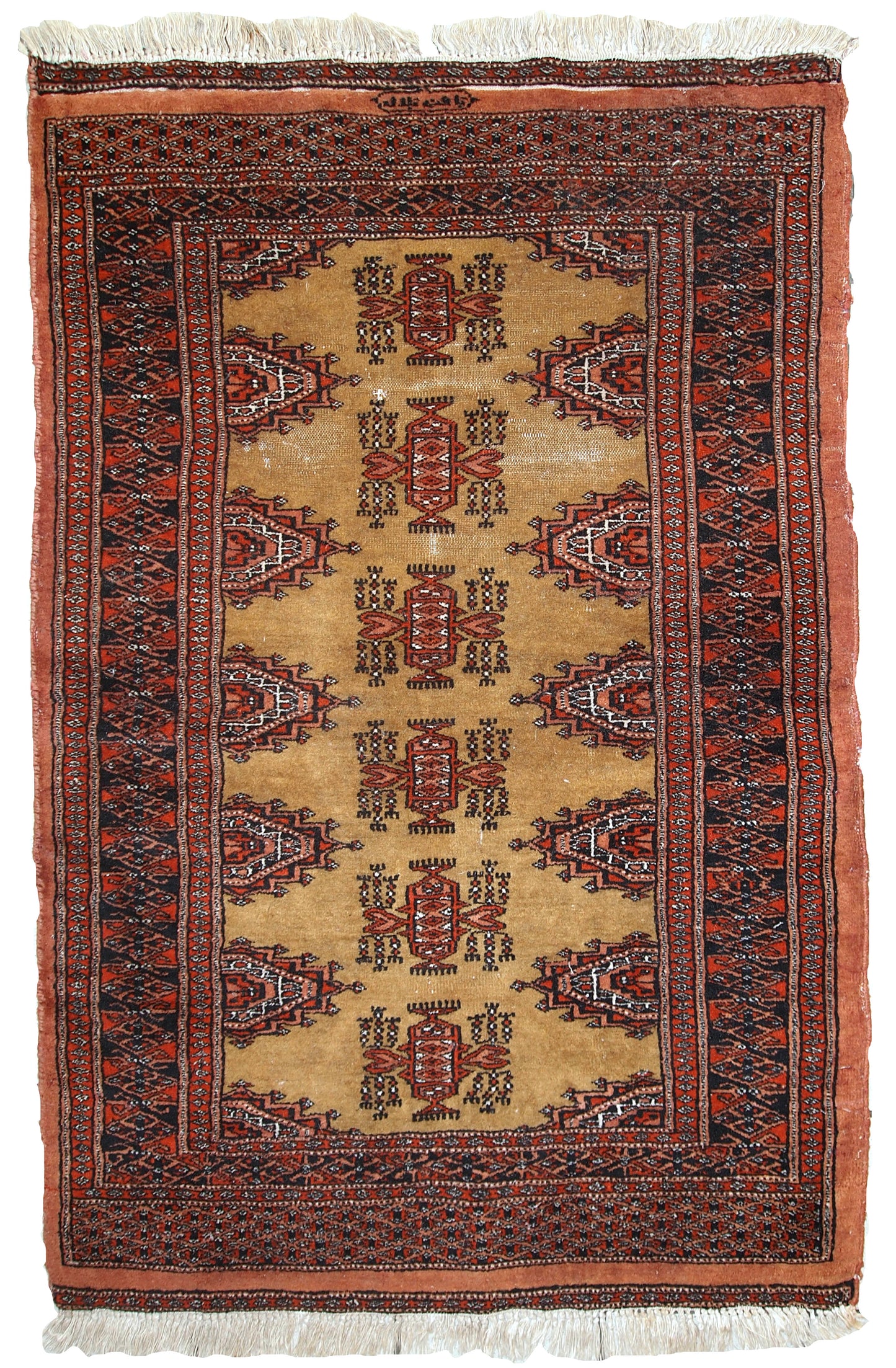 Handmade vintage Uzbek Bukhara rug with vibrant yellow, red, orange, and navy colors.
