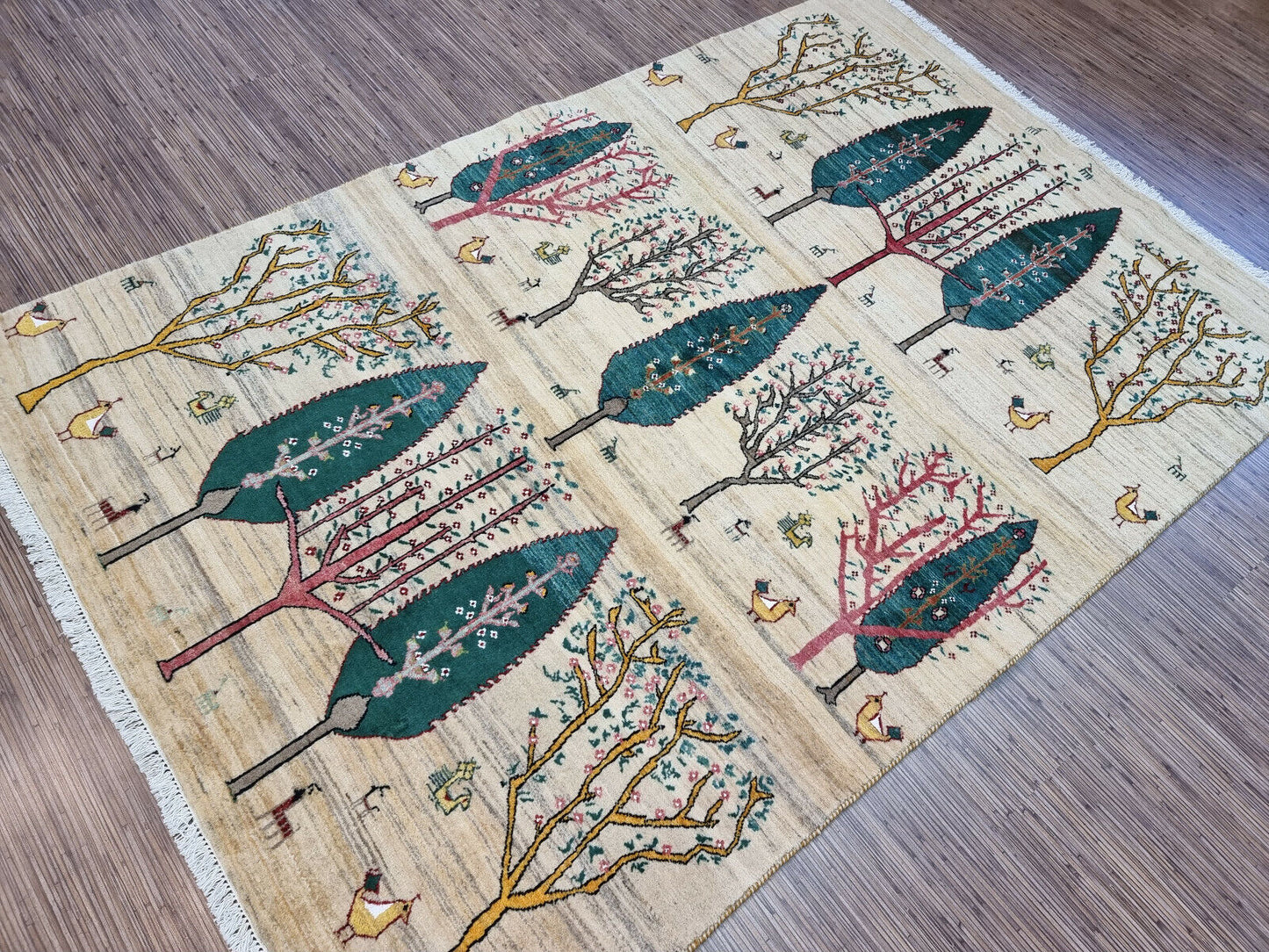 Side view showing the wool texture of the Persian Gabbeh rug
