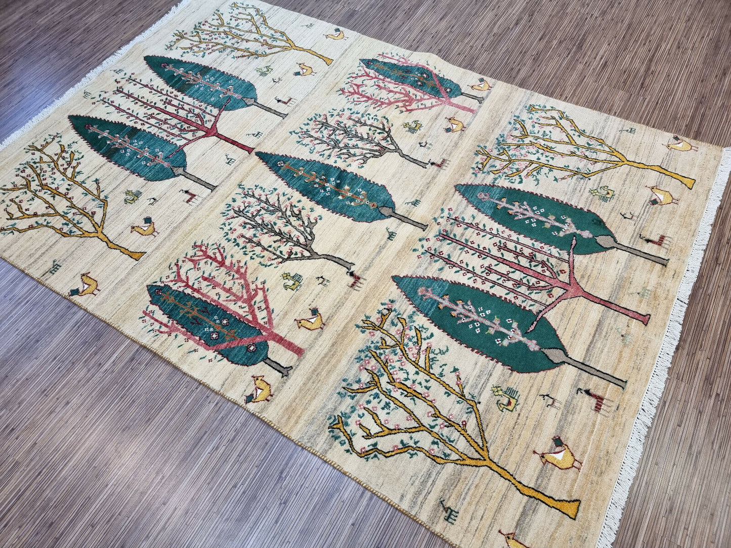 Full spread of the vintage Gabbeh rug in a well-lit room