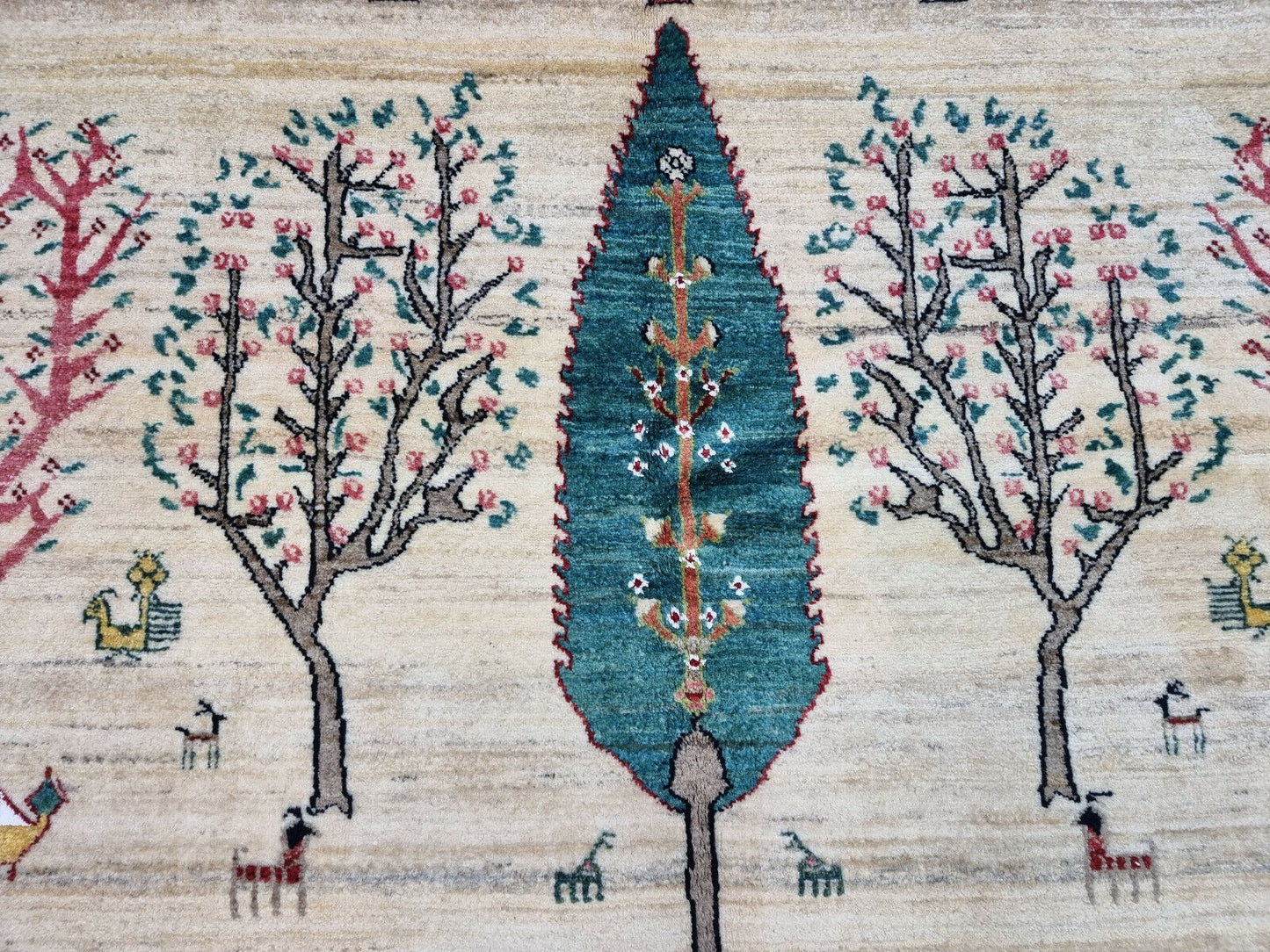 Close-up of the intricate wool weaving on the Persian Gabbeh Rug