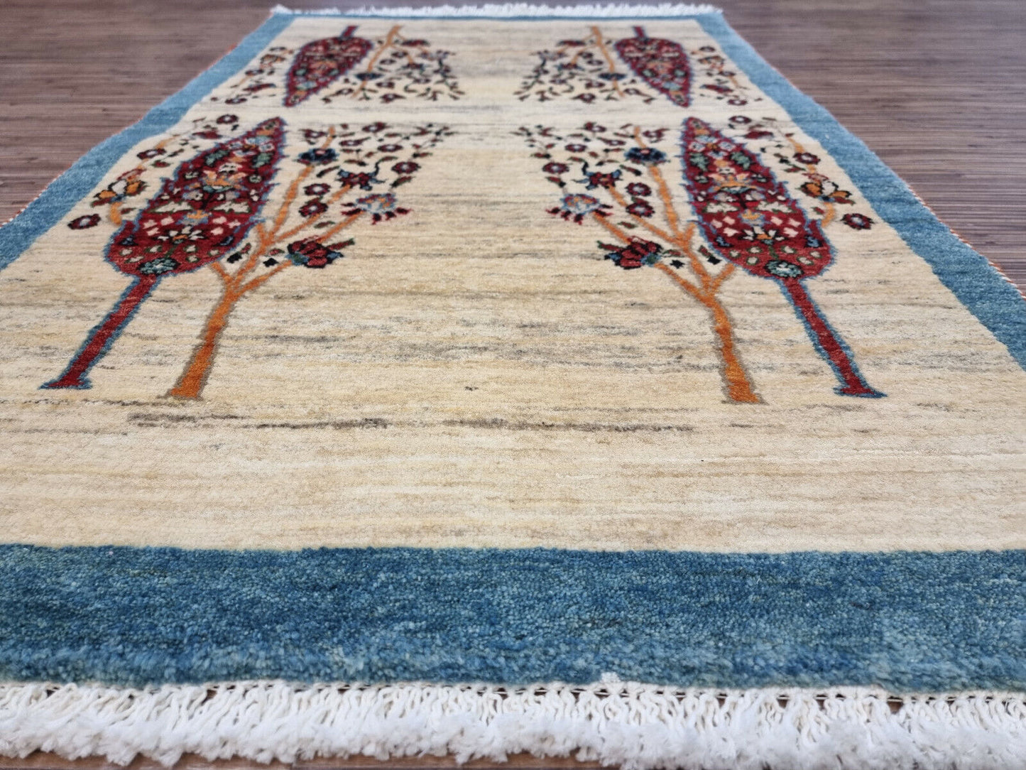 Side profile showcasing the plush wool texture of the Gabbeh rug