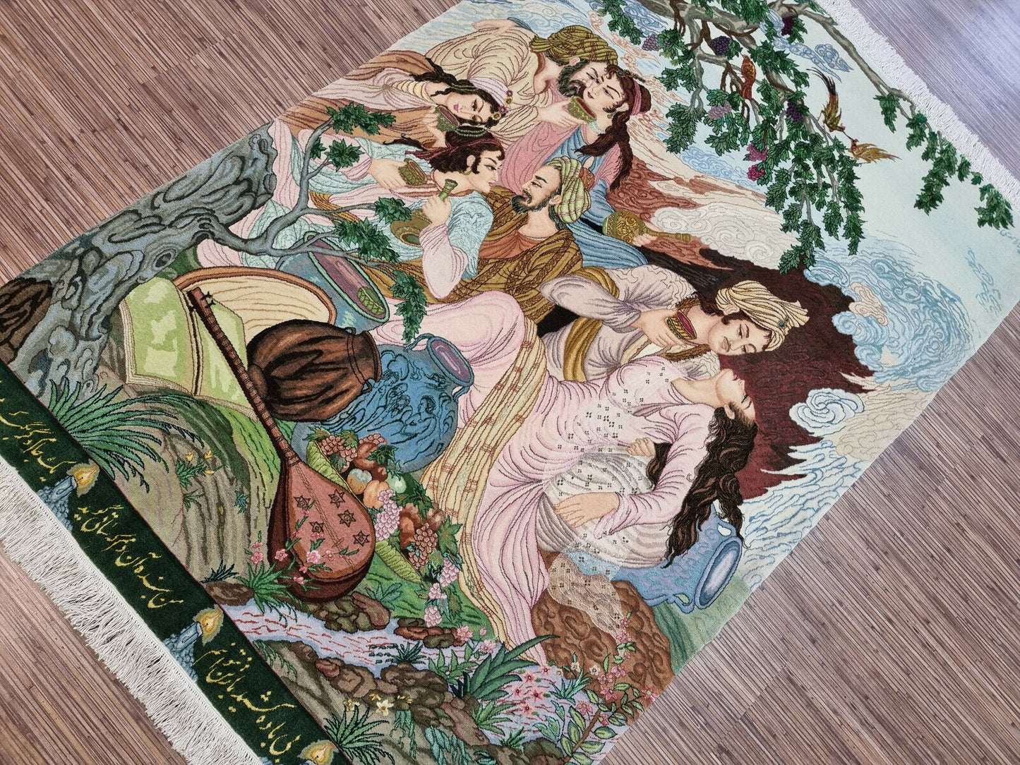Vibrant colors and intricate details on a Tabriz pictorial rug.