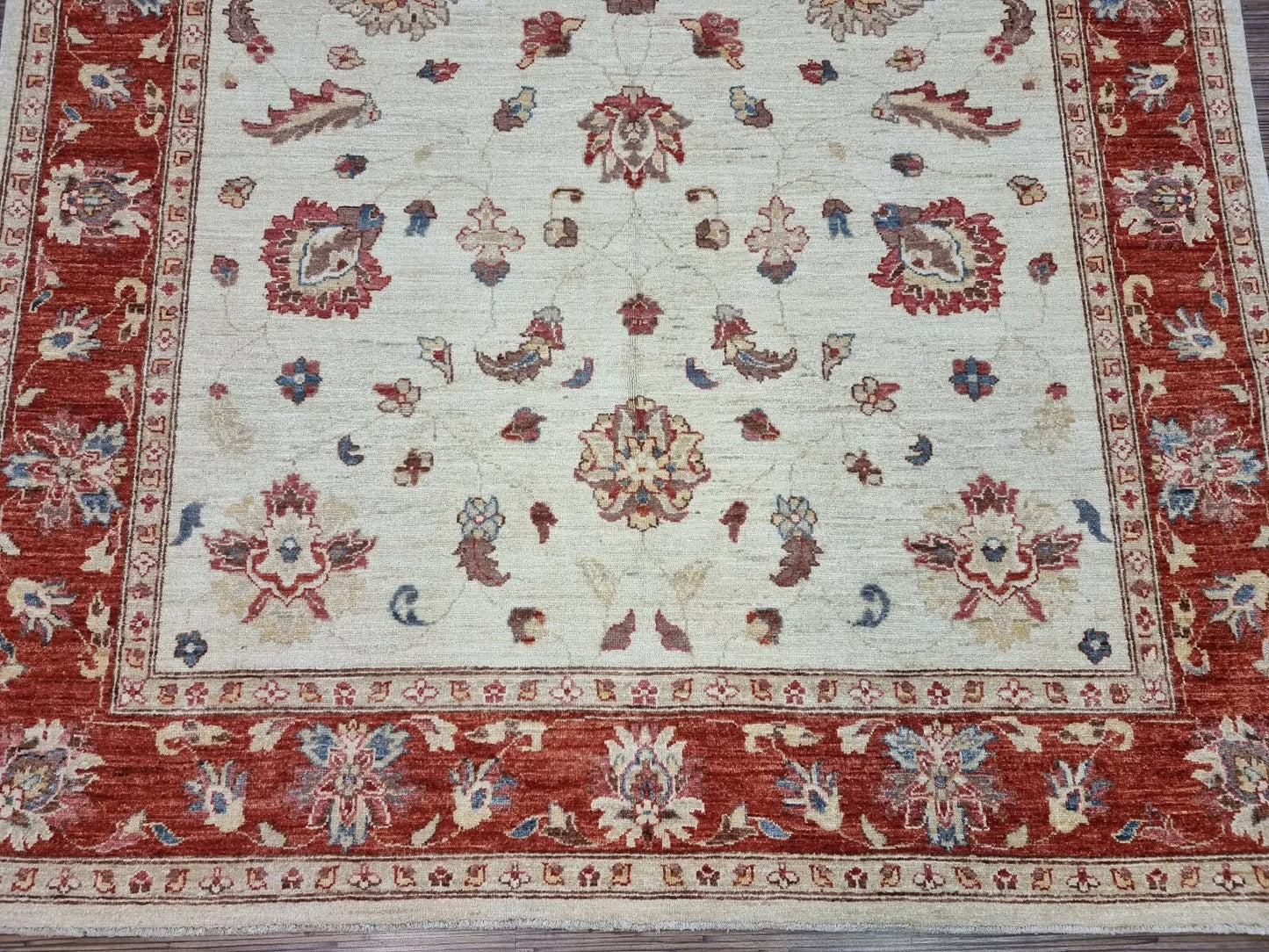 Elegant beige Afghan carpet with red border
