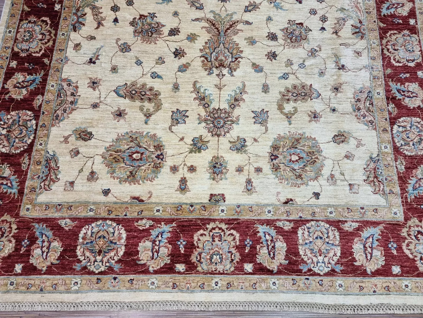 Wide view of hand-knotted Afghan Zigler rug