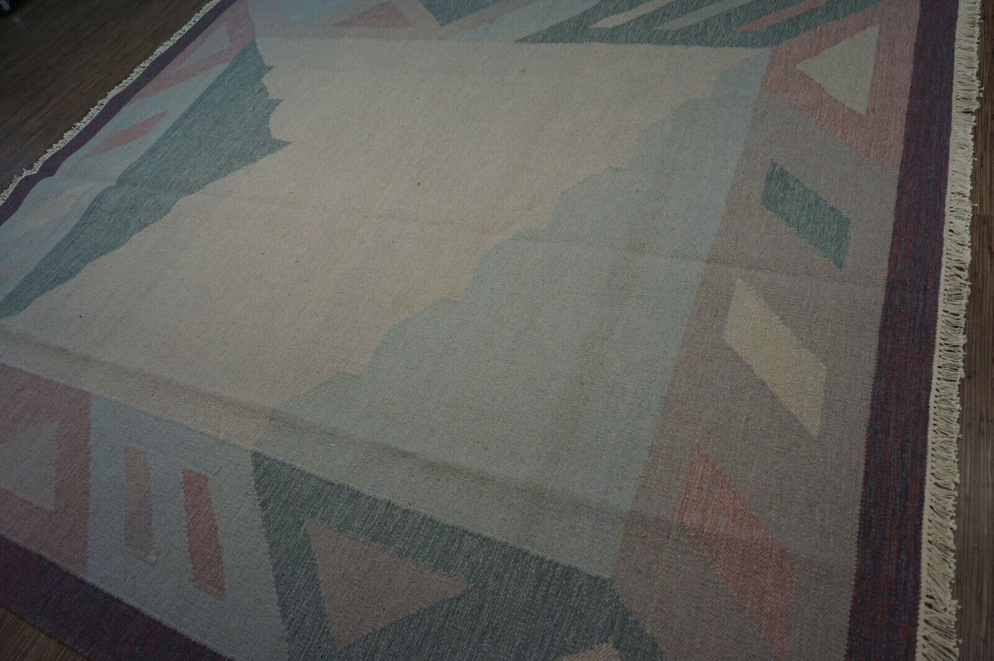 Embrace the 1970s with this light and airy Vintage Indian Kilim Rug, perfect for larger spaces.