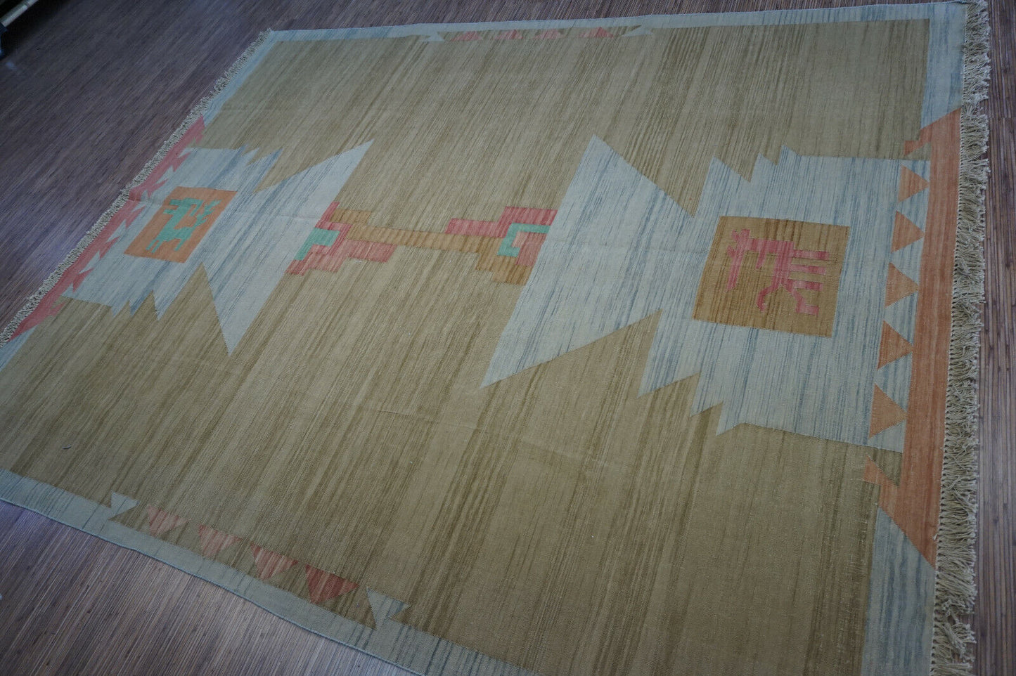 Timeless design meets 1970s charm: Brown, pink & white Vintage Indian Dhurrie Kilim Rug (6.5' x 8.2').