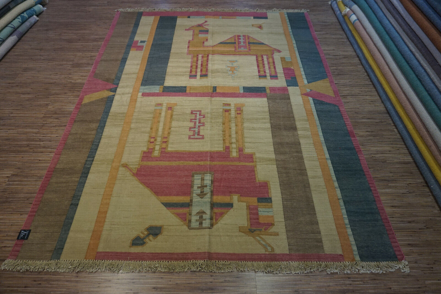 Sunny delight: Handwoven Indian Kilim Rug features intricate camels on a cheerful yellow background (6.3' x 8.3').