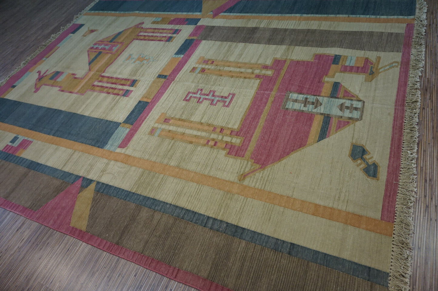 Invest in quality: Own a timeless piece: Vintage Indian Kilim Rug with intricate camel design in sunny yellow (6.3' x 8.3').