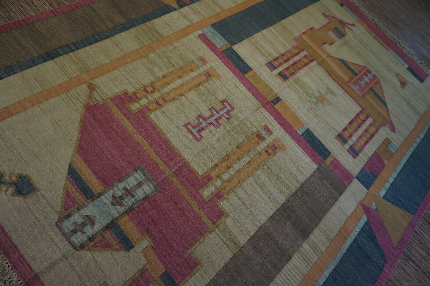 Global flair for your home: Vintage Indian Kilim Rug (6.3' x 8.3') in yellow with captivating camel design.