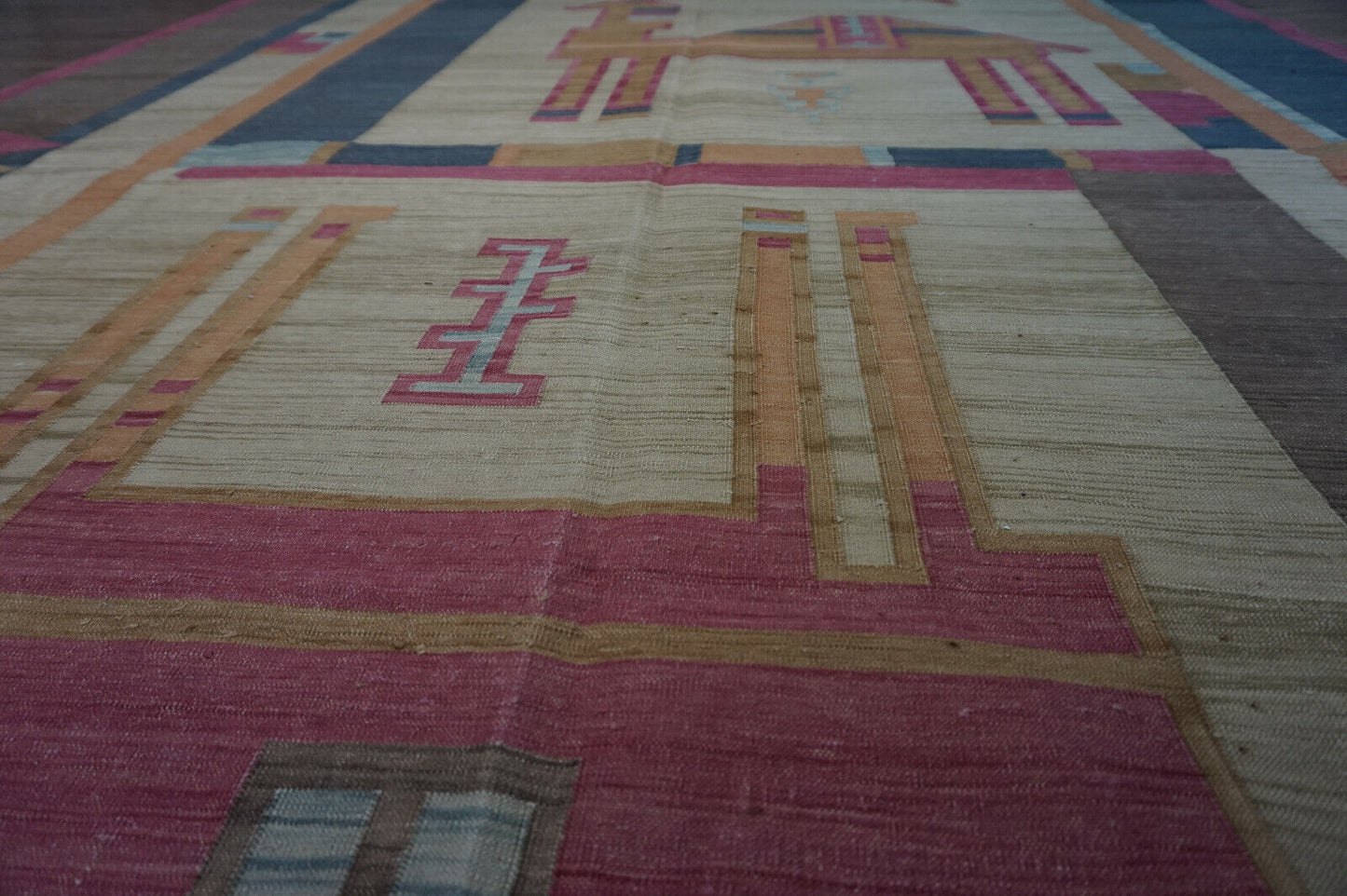 Warmth and charm: Vintage Indian Kilim Rug (6.3' x 8.3') in sunny yellow with playful camel design.