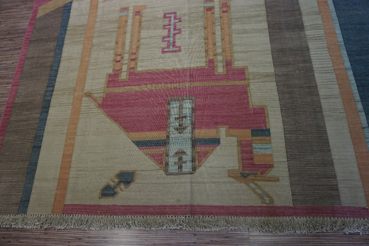 Boho chic vibes: Handwoven Wool Kilim Rug (6.3' x 8.3') in yellow with intricate camel design, perfect for boho spaces.