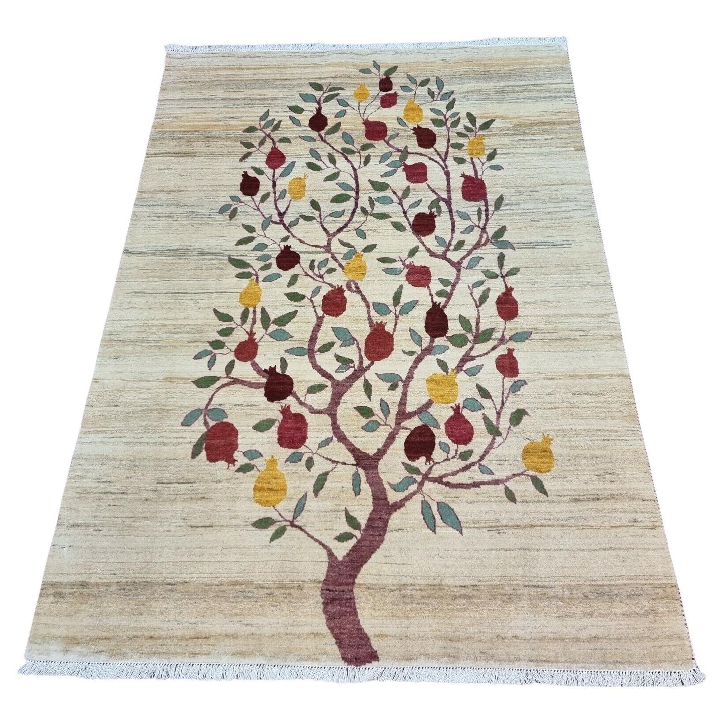 Vintage Gabbeh Rug (1970s) - Close-up view of the intricate fruit details on the "Tree of Plenty" design.