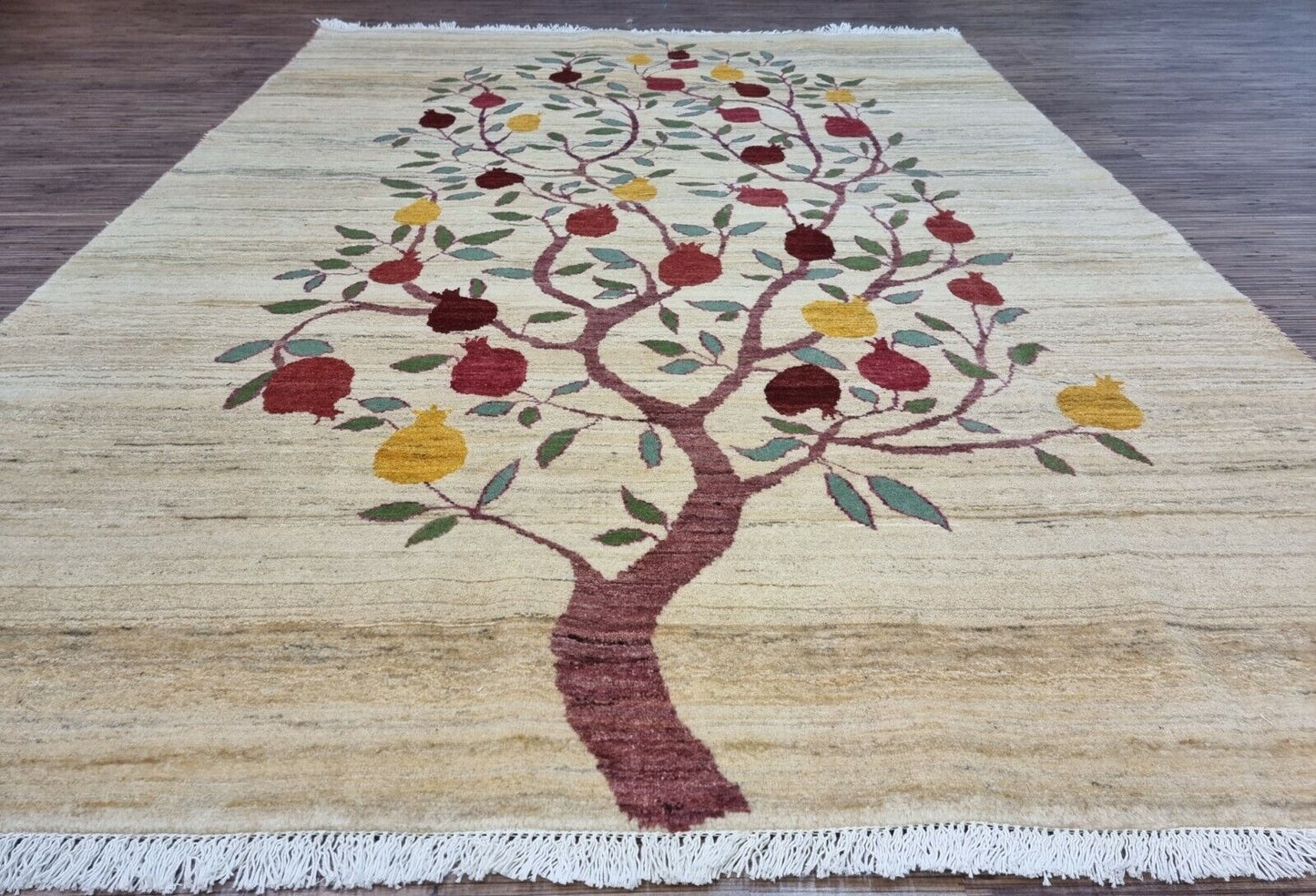Vintage Gabbeh Rug (1970s) - Rich, earthy tones of brown and red highlight the "Tree of Plenty" design.