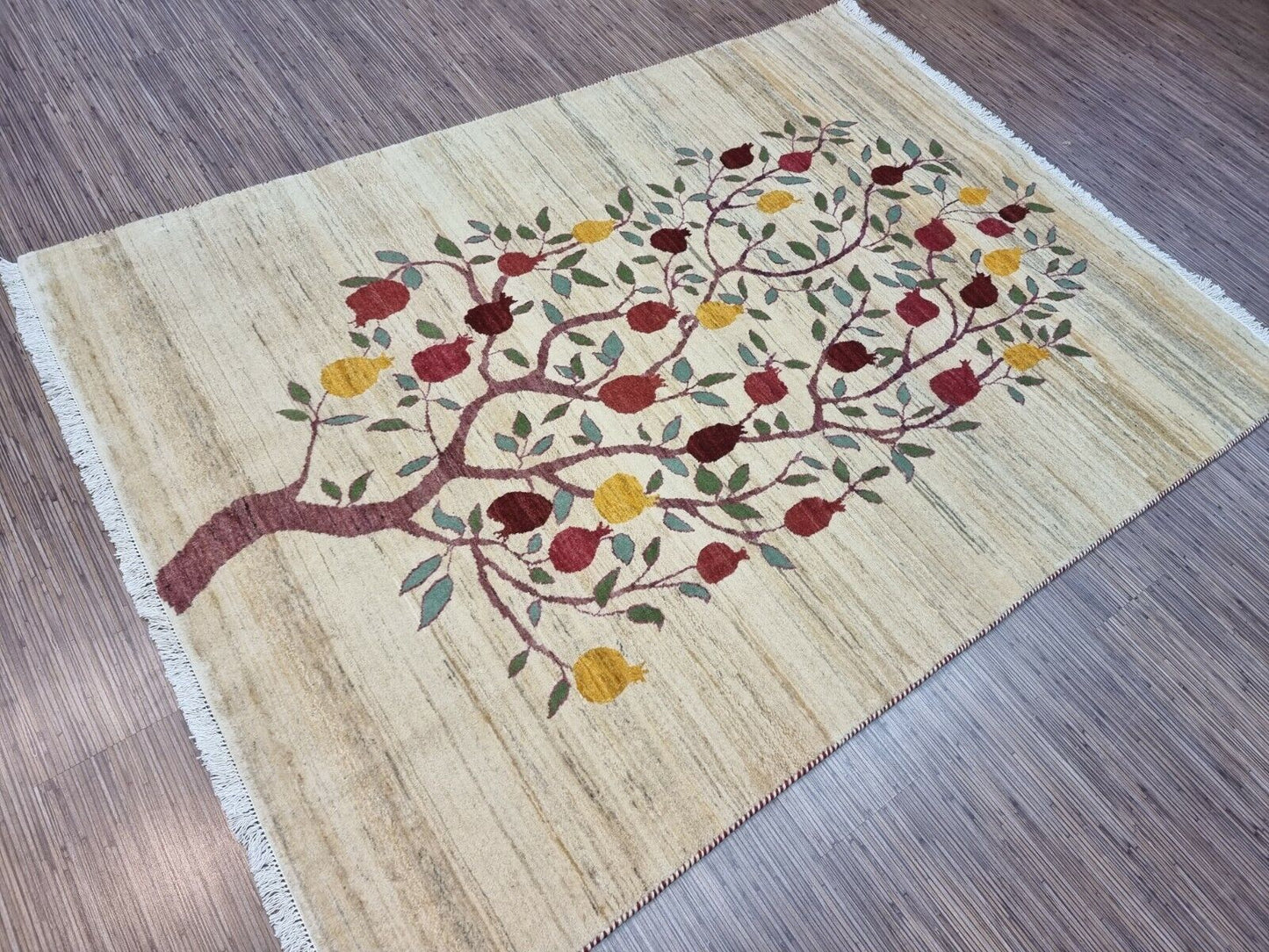 Vintage Wool Gabbeh Rug (1970s) - Detailed close-up of colorful fruits adorning the symbolic tree.