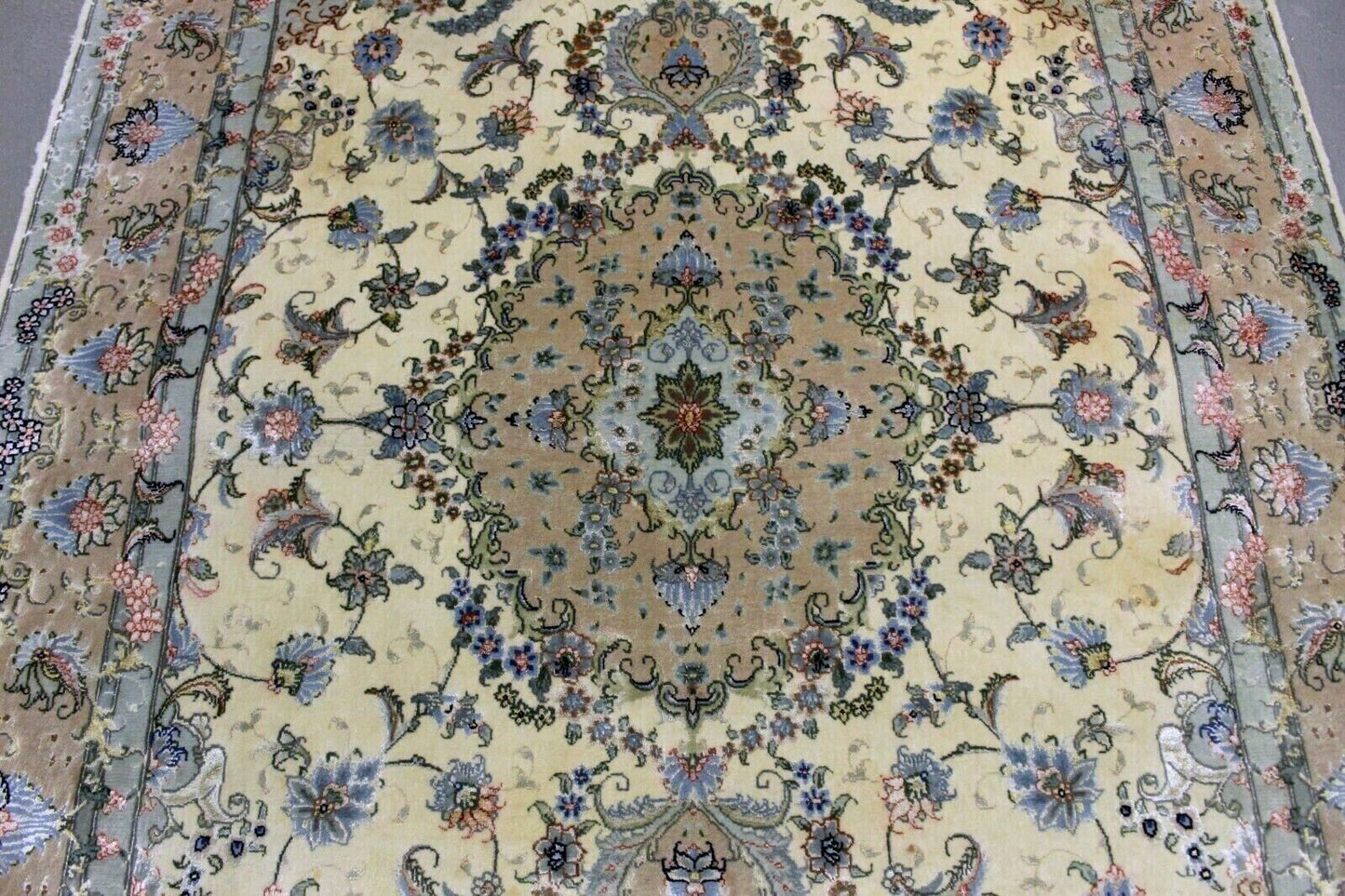 Plush Woolen Pile with Delicate Silk Highlights Creating Opulent Texture on Handcrafted Tabriz Rug - 1970s