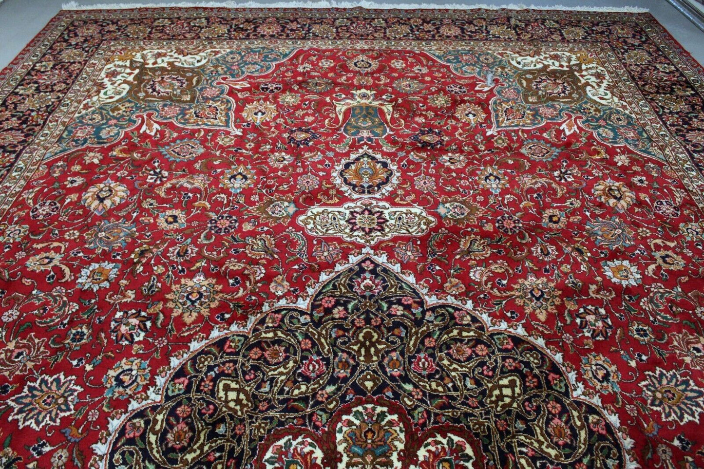 High-Quality Wool Base Providing Durability and Comfort on Vintage Persian Tabriz Oversize Rug - 1960s