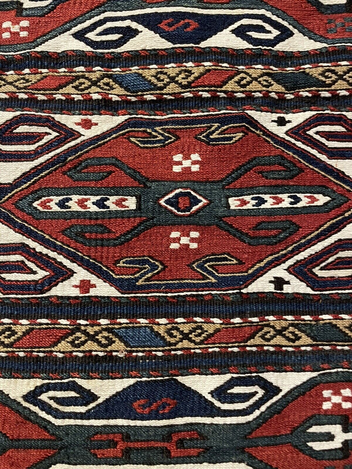 Close-up of heritage celebration on Handmade Antique Persian Sumak Collectible Kilim - Detailed view emphasizing the celebration of heritage and tradition through the kilim's design.