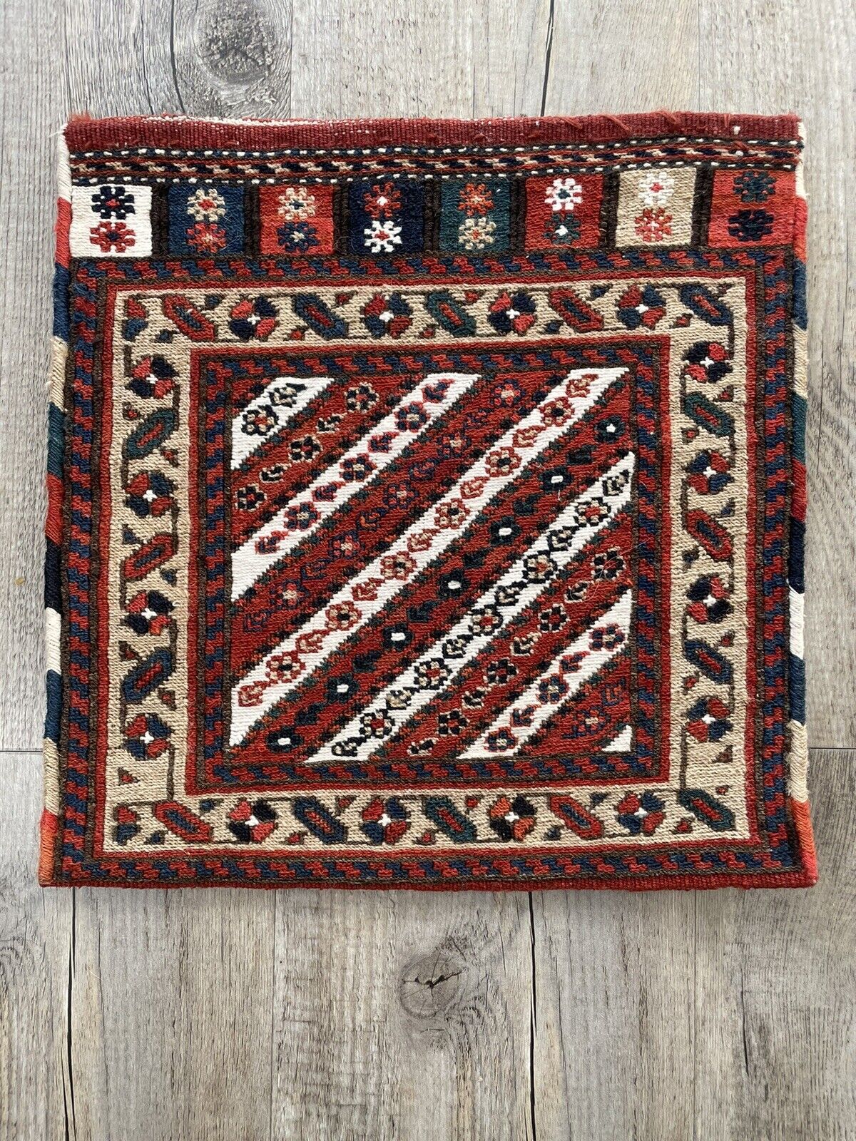 Close-up of vintage charm on Handmade Vintage Persian Kurdish Salt Bag - Detailed view showcasing the vintage charm and appeal of the salt bag's design from the 1940s.