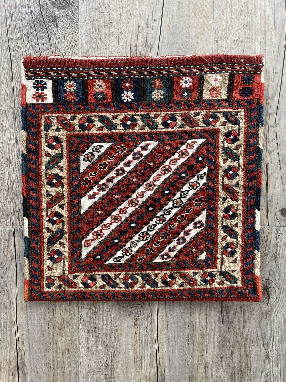 Close-up of Kurdish artisan skill on Handmade Vintage Persian Kurdish Salt Bag - Detailed view highlighting the rich cultural heritage and artistic skill of the Kurdish artisans evident in the bag's design.