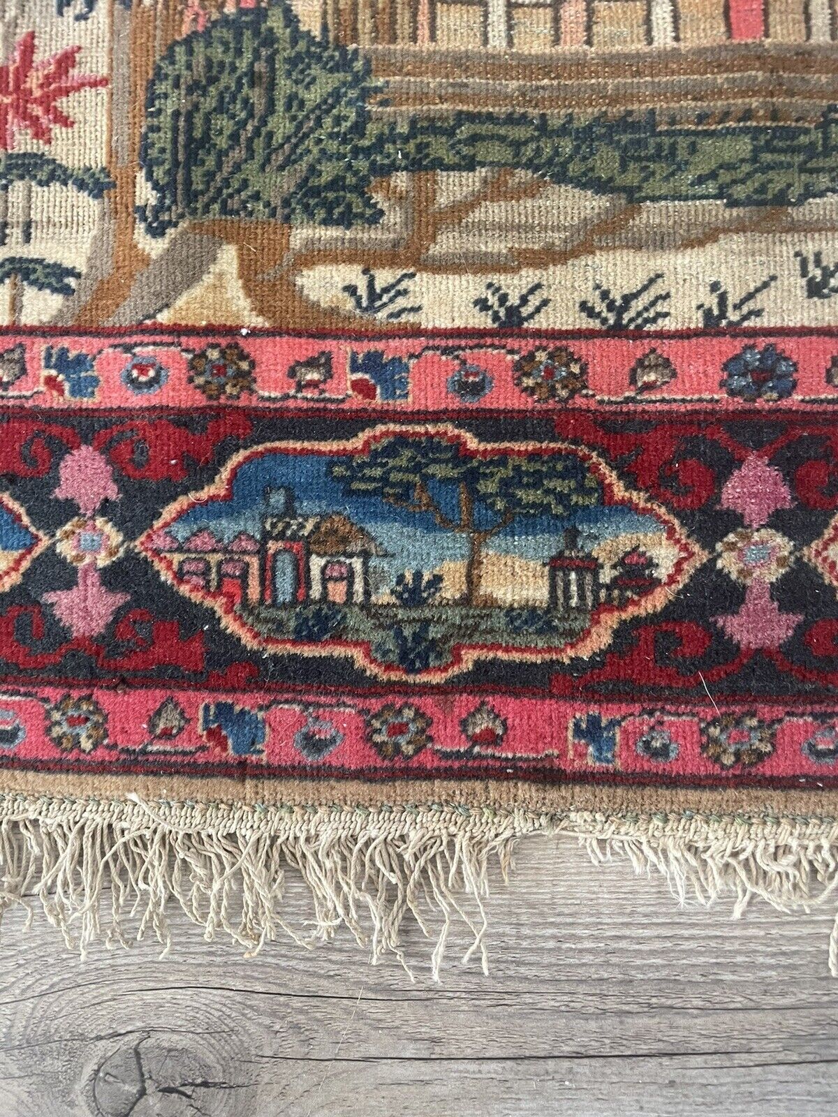 Close-up of tree of life motif on Handmade Antique Persian Kashan Collectible Rug - Detailed view highlighting the central design motif, possibly depicting a tree of life symbolizing fertility, growth, and connection to the divine.