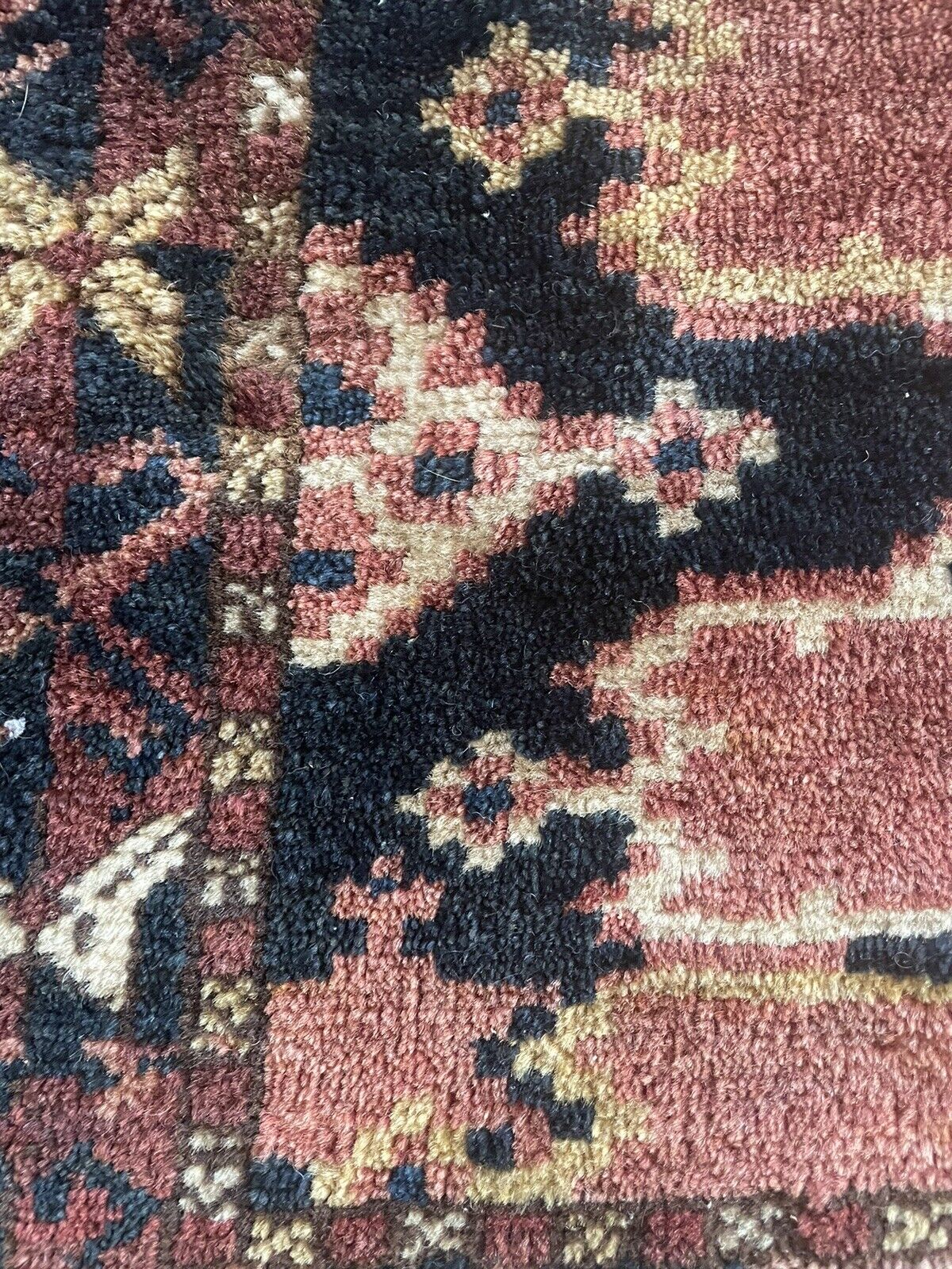 Close-up of border designs on Handmade Antique Afghan Beshir Collectible Chuval Rug - Detailed view showcasing the detailed border designs along the edges of the rug, enhancing its overall aesthetic and cultural significance.