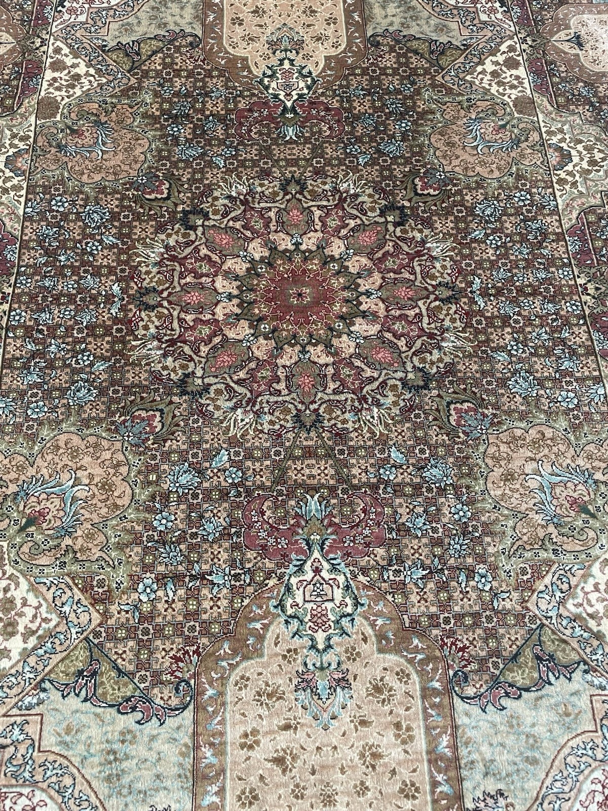 Vintage Turkish Hereke silk rug with ornate borders, micro-pattern detailing, and a luminous finish from 100% silk pile.